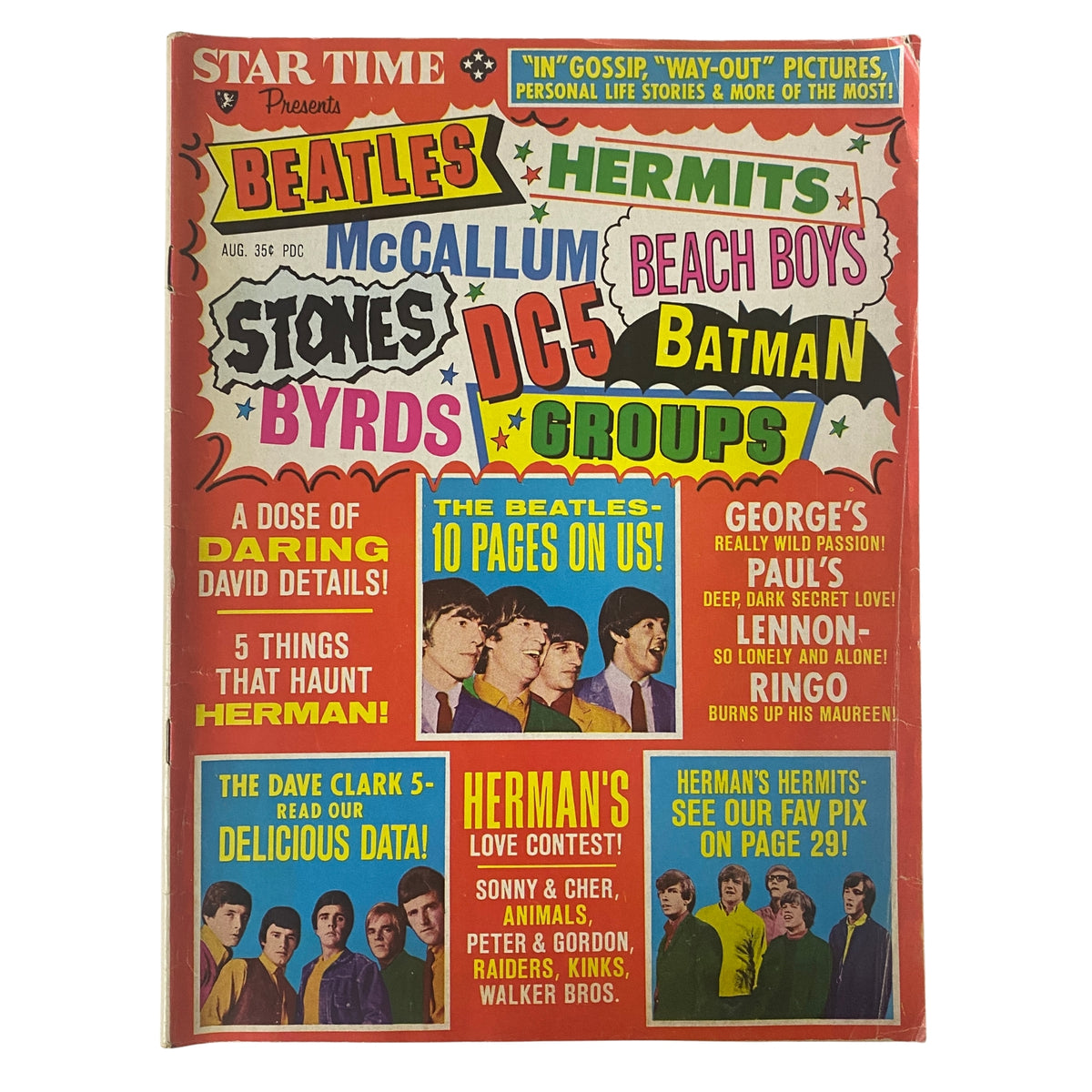 Cover of Star Time Magazine August 1966 Vol. 2 No. 6 featuring The Beatles, McCallum, Hermits, Beach Boys, and other pop icons in a vibrant layout.