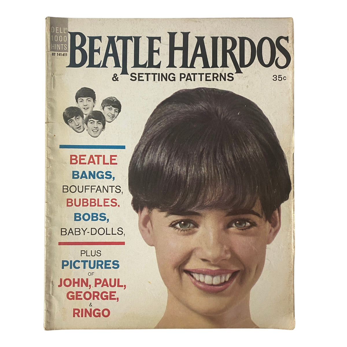 Cover of '1964 Beatle Hairdos and Setting Patterns No Label' featuring a model showcasing a Beatle-inspired hairstyle. Includes the text 'BEATLE BANGS, BOUFFANTS, BOBs, BABY-DOLLS' and pictures of the Beatles.