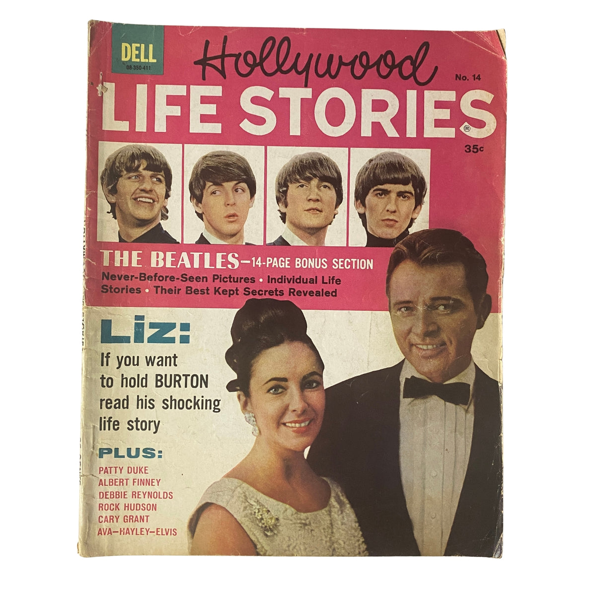 Cover of Hollywood Life Stories Magazine No. 14 featuring The Beatles, Liz Taylor, and additional stars. Includes never-before-seen pictures and individual life stories.