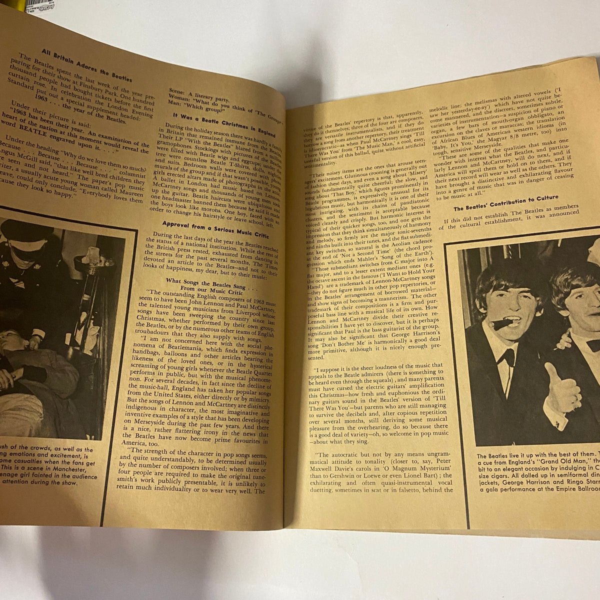 Interior page from '1964 The Real True Beatles Number One' by Michael Braun detailing The Beatles' cultural significance, with imagery and commentary on their contributions to music.