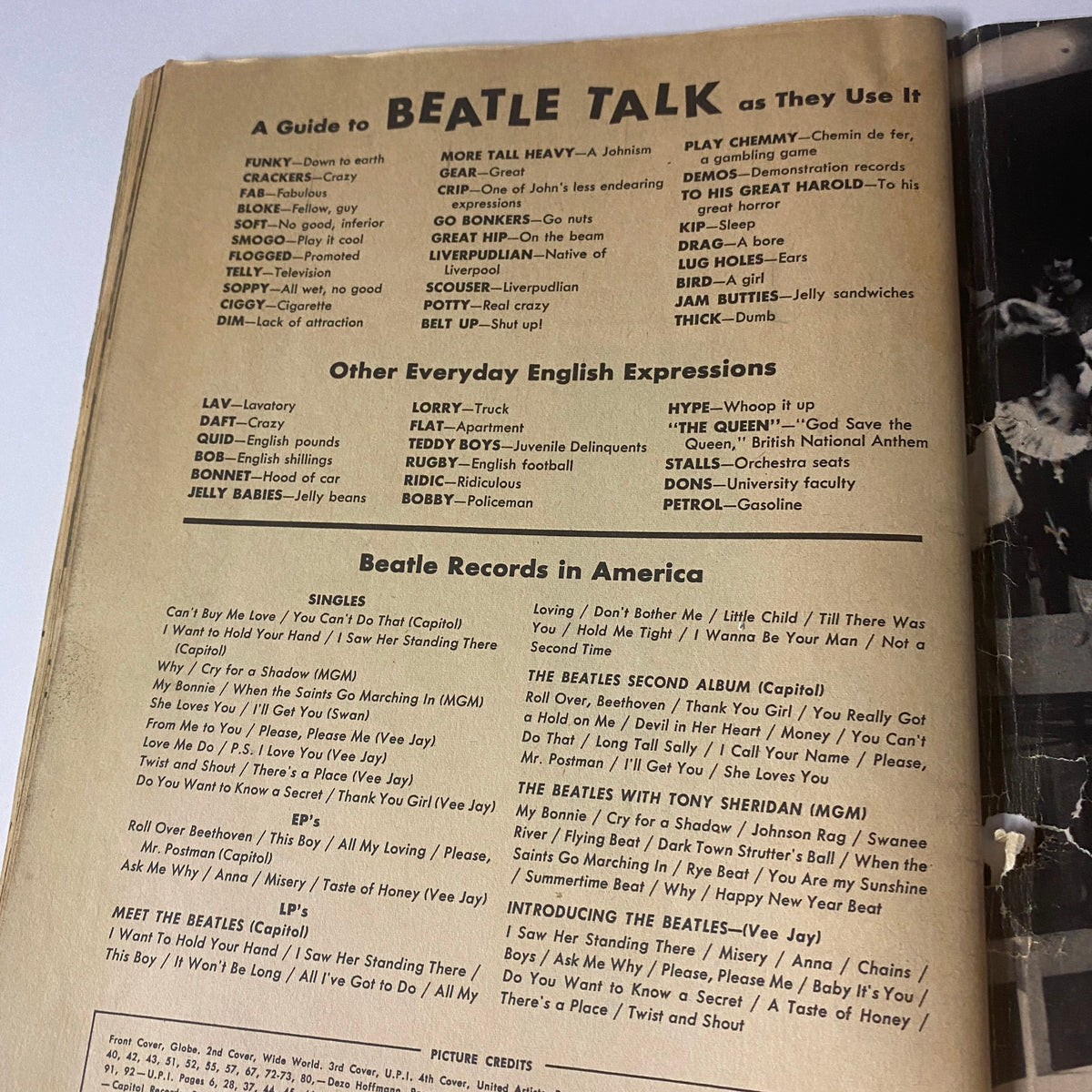 An interior page from '1964 The Real True Beatles Number One by Michael Braun' showing a guide to 'BEATLE TALK' with expressions and phrases related to the Beatles, accompanied by lists of their records in America.
