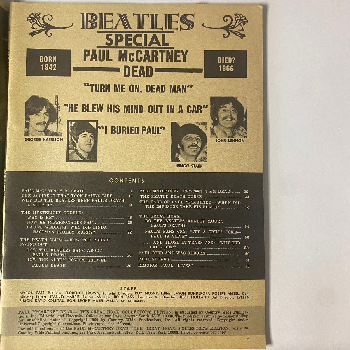 Inside page of the 1969 Paul McCartney Dead - The Great Hoax Collector's Edition displaying contents including a commentary by George Harrison and John Lennon.