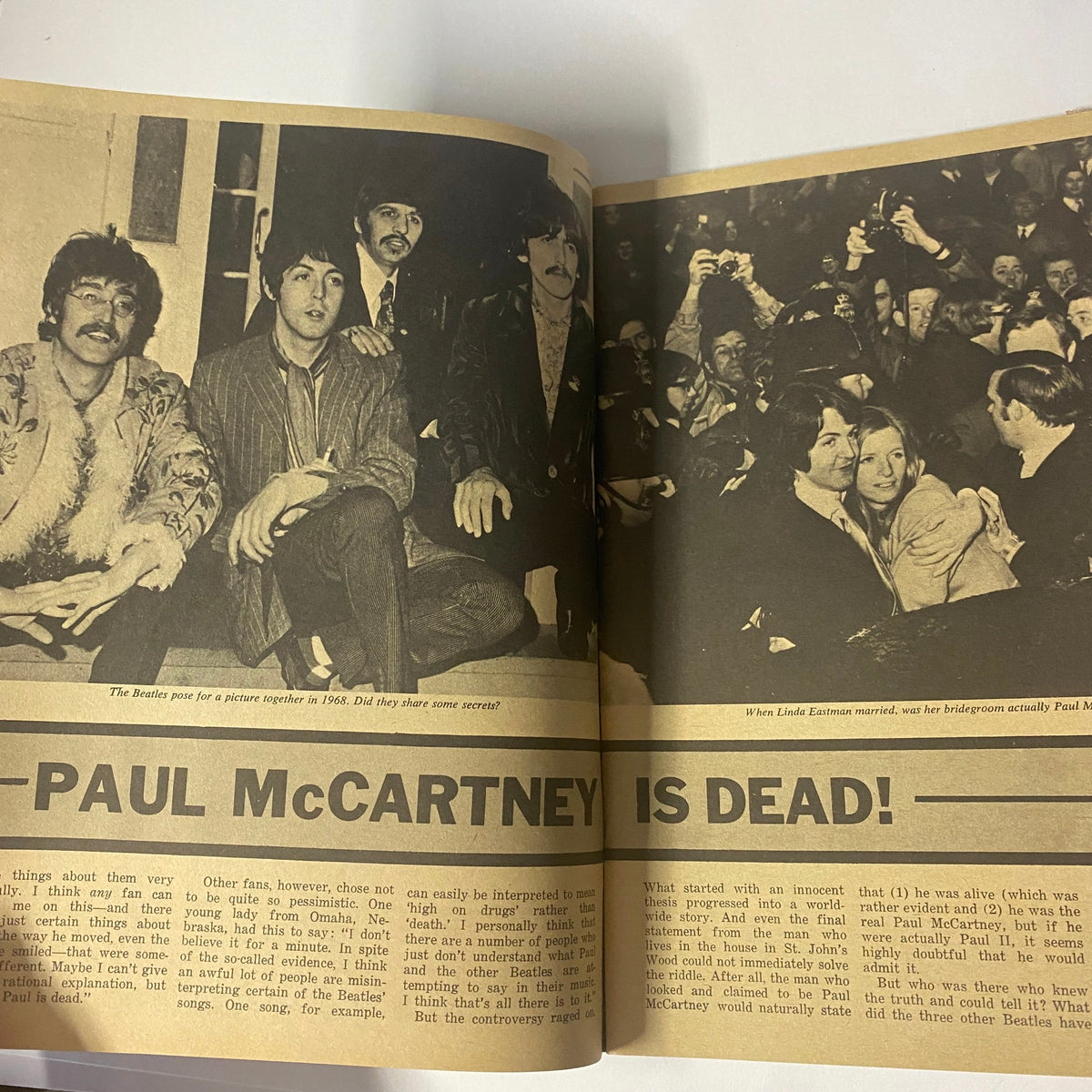 Inside image from the 1969 Paul McCartney Dead - The Great Hoax Collector's Edition discussing the rumors of Paul McCartney's death with related visuals.