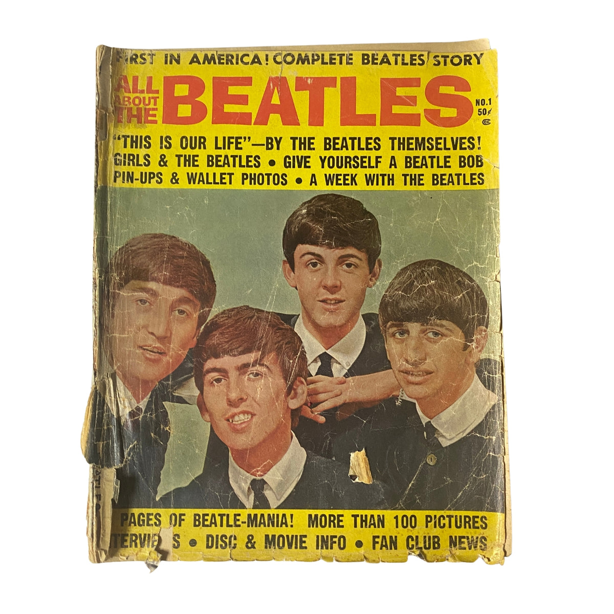 1964 All About The Beatles No. 1 magazine cover featuring the Fab Four with a bold title and images related to their stories and music.