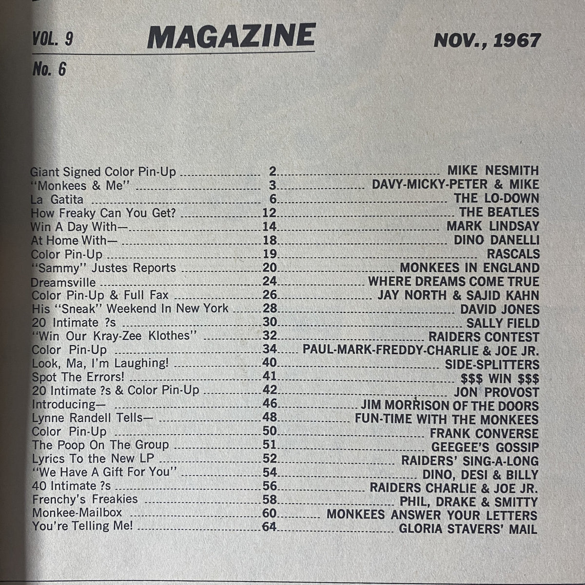 Contents page of 16 Magazine November 1967 Vol 9 No. 6, listing articles and features including The Beatles and The Monkees, alongside various pop culture highlights.