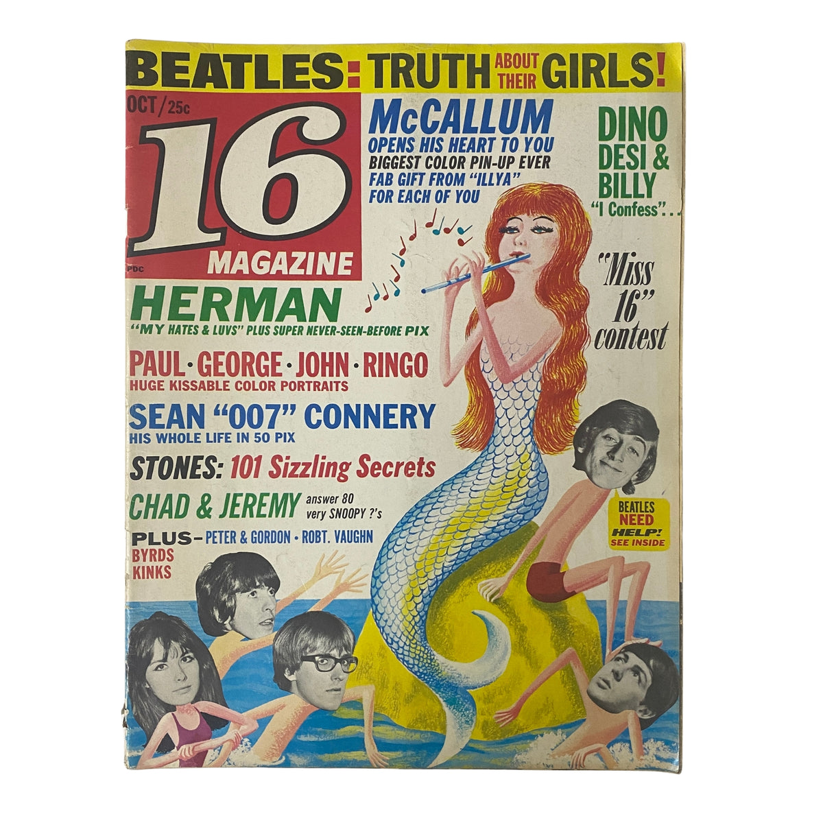 Cover of 16 Magazine October 1965 featuring The Beatles, with vibrant artwork and pin-up, highlighting articles about celebrities and music news.