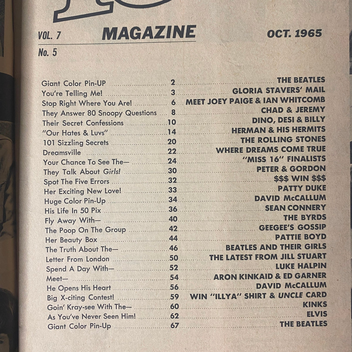 Inside page of 16 Magazine October 1965, showcasing the table of contents with features on The Beatles and other popular artists of the time.
