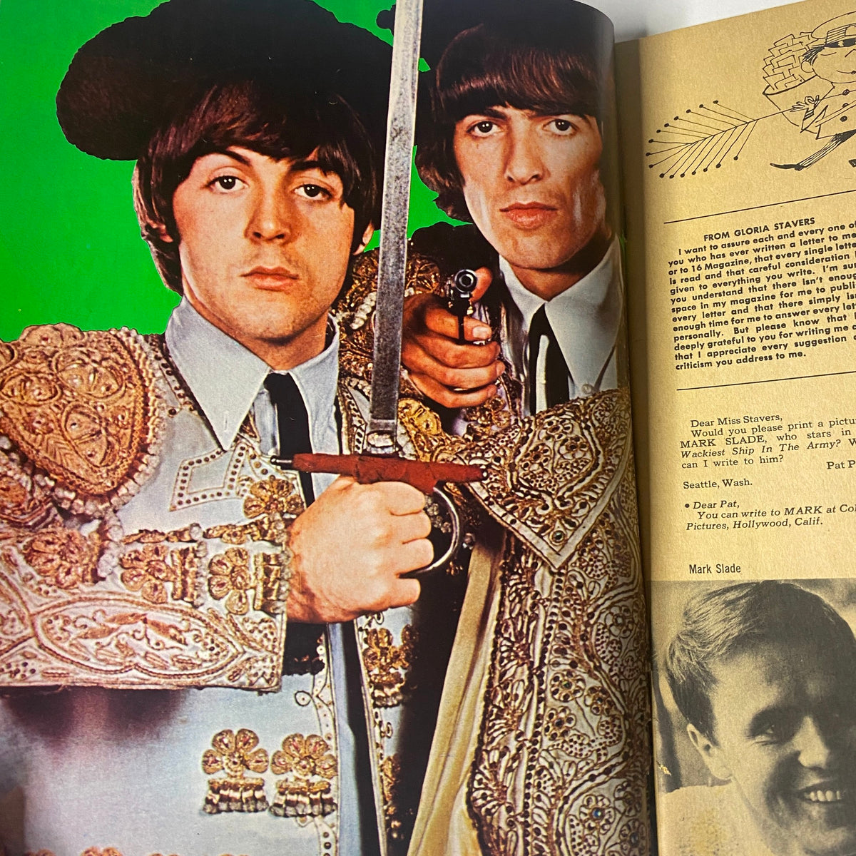 The Beatles featured in a dramatic photo from 16 Magazine June 1966, Vol. 8 No. 1, showcasing Paul McCartney and George Harrison dressed in ornate costumes.