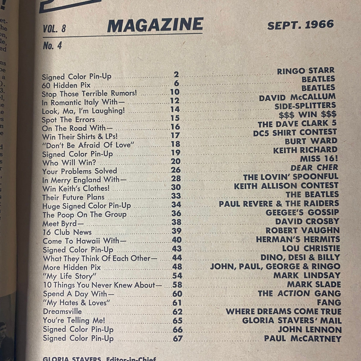 Table of Contents of 16 Magazine September 1966 listing features including signed pin-ups and articles about Ringo Starr and The Beatles.