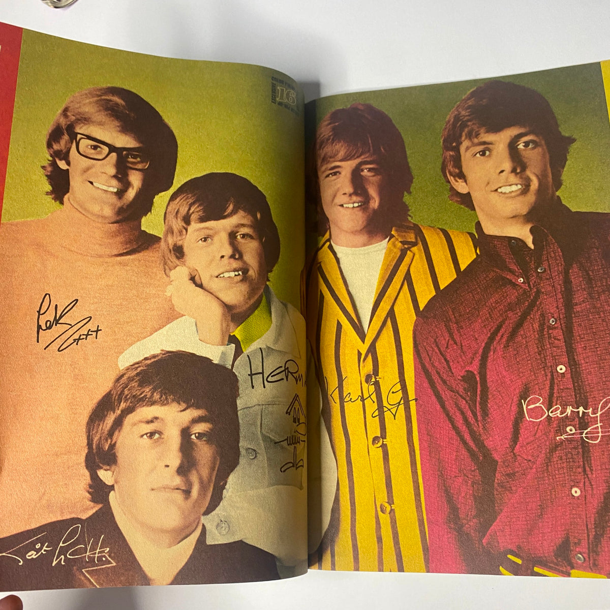 Photo of Herman's Hermits in 16 Magazine December 1966 Vol. 8 No. 7, featuring the band members in signature outfits.