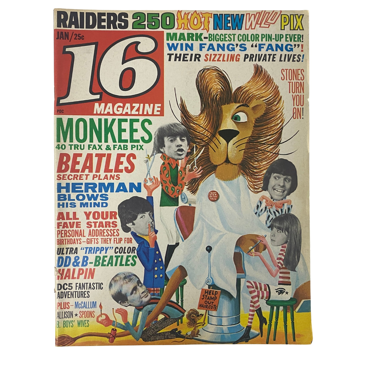 Cover of 16 Magazine January 1967 Vol. 8 No. 8 featuring a vibrant layout with The Monkees, Beatles, and various pop culture references, ideal for collectors.