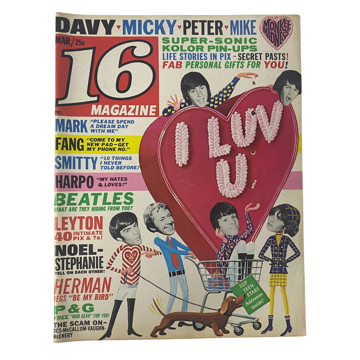 Cover of 16 Magazine, March 1967, Vol. 8, No. 10 featuring an illustration of Davy Jones, Micky Dolenz, Peter Tork, and Mike Nesmith with a colorful design. Highlighted text includes 'I LUV U', celebrating 1960s pop culture and The Monkees.