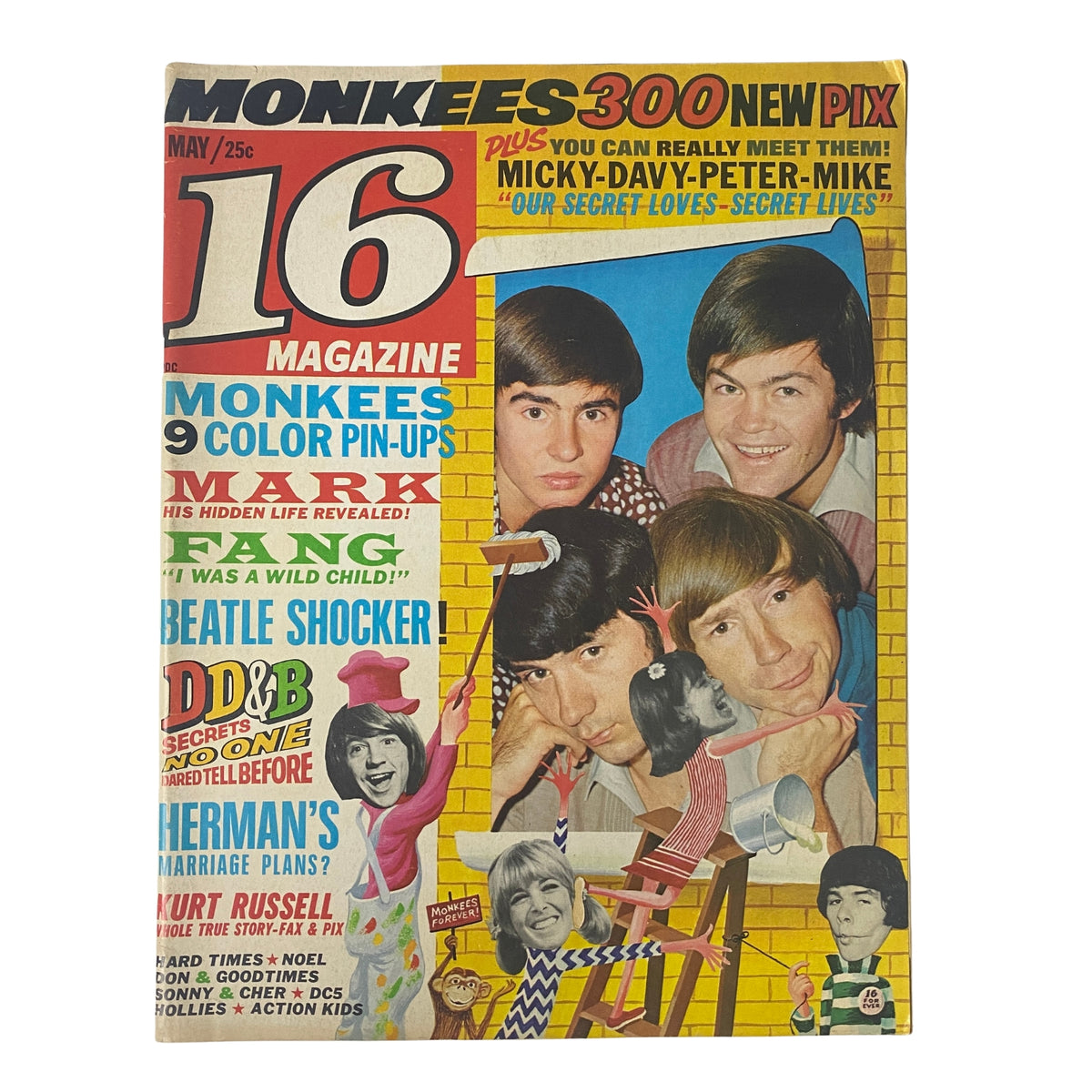 Cover of 16 Magazine May 1967 Vol 8 No. 12 featuring Micky Dolenz, Cher, and Sonny, showcasing a collage of teen idols with pin-ups.