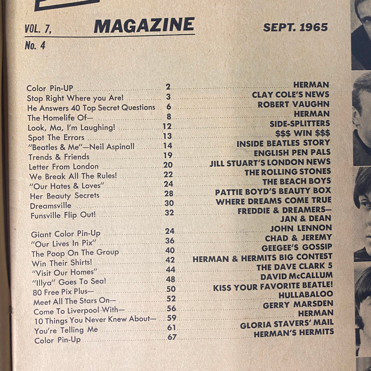 Contents page of 16 Magazine September 1965 Vol 7 No. 4 showcasing articles on Herman, Clay Cole, Beatles, and various teen icons of the era.