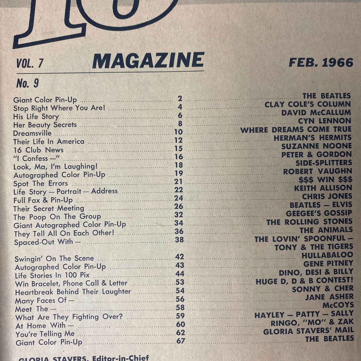 Table of contents from 16 Magazine February 1966, outlining featured articles and pin-ups including The Beatles, along with prominent stars like David McCallum and Sonny & Cher.