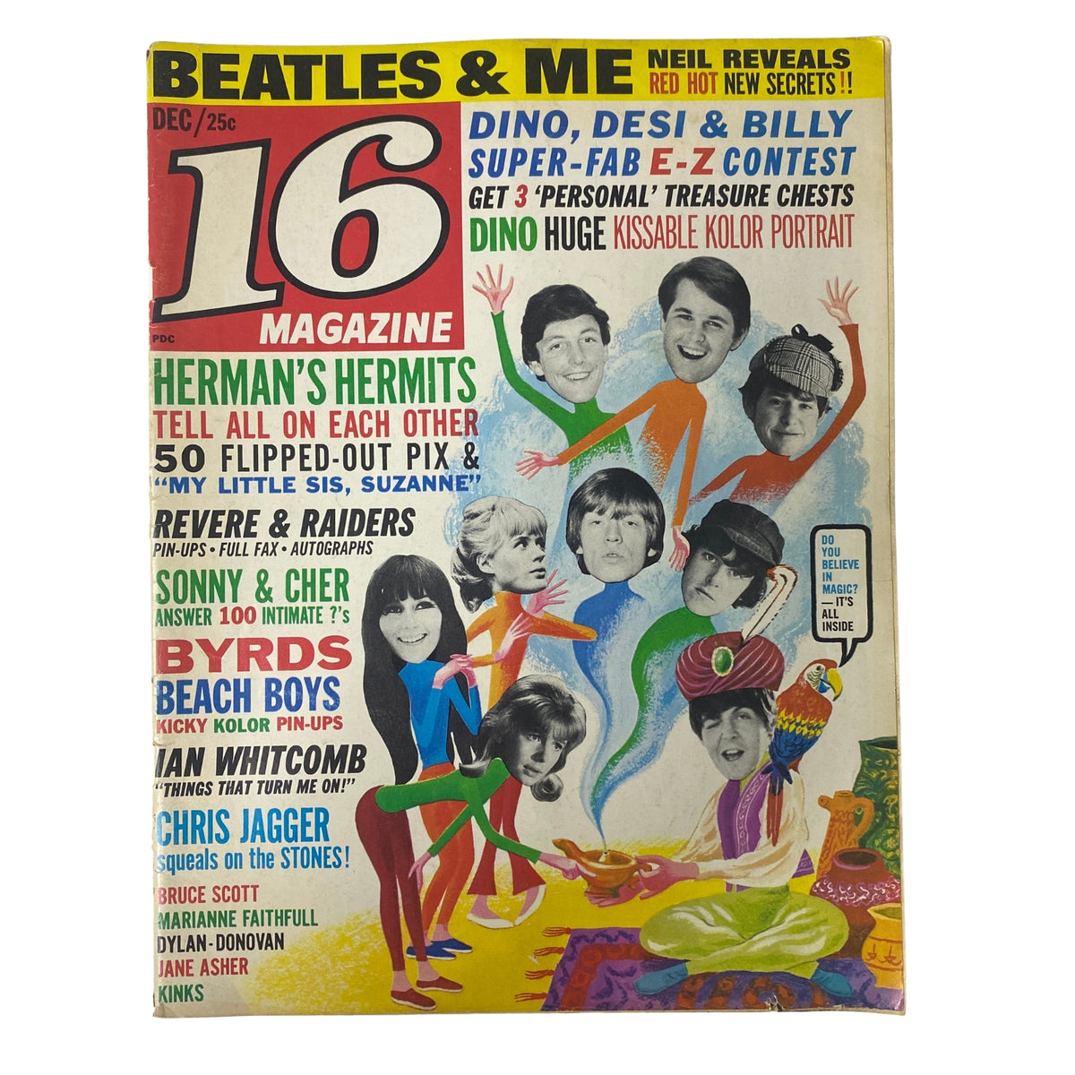 Cover of 16 Magazine December 1965 Vol 7 No. 7 featuring The Beach Boys, with colorful illustrations and headlines highlighting pop culture stars like The Beatles, The Rolling Stones, and Sonny & Cher.