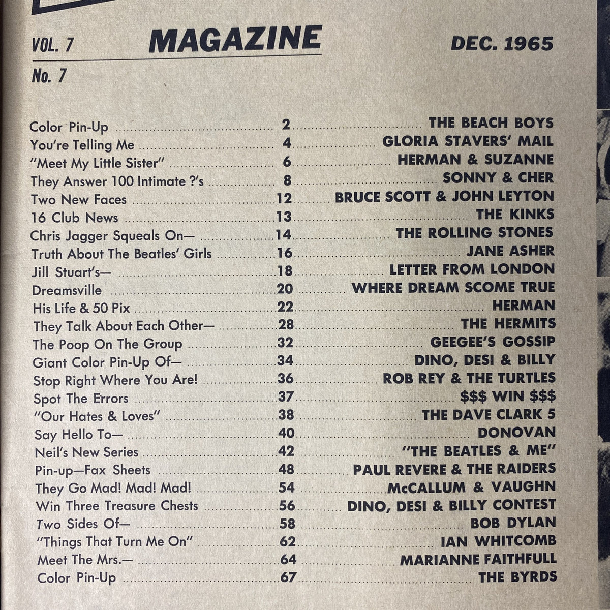 Table of contents for 16 Magazine December 1965 Vol 7 No. 7, listing features including The Beach Boys, The Byrds, Ian Whitcomb, and various celebrity interviews and pin-ups.