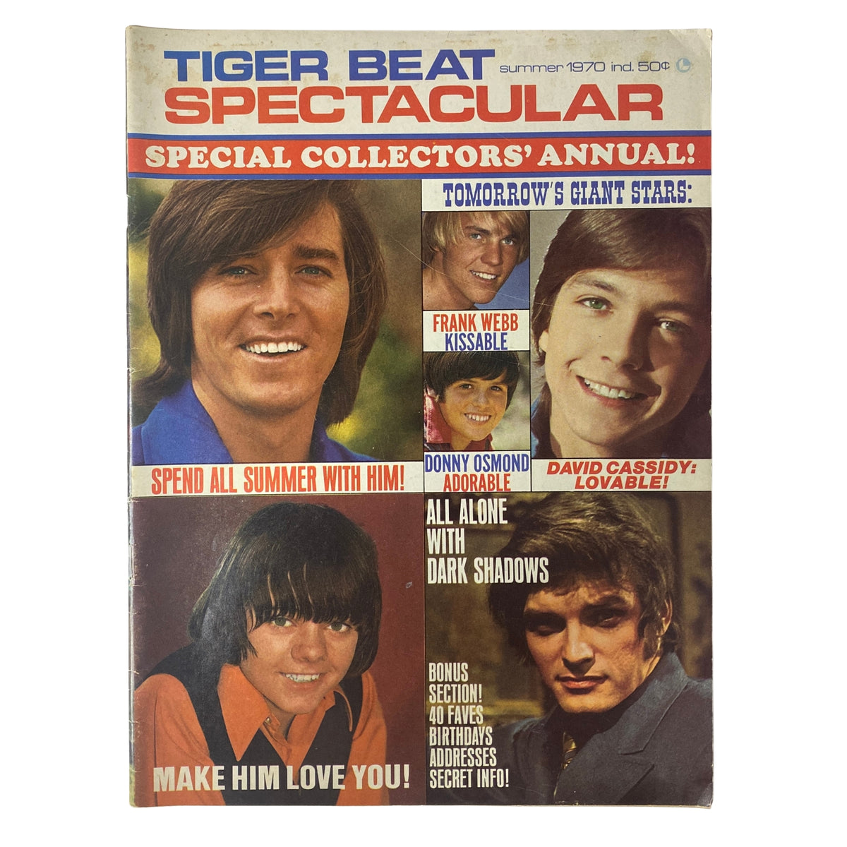 Tiger Beat Spectacular Magazine Summer 1970 featuring David Cassidy, Donny Osmond, Frank Webb, and cover art showcasing a vibrant collage of teen idols, highlighting special features, and a collectible focus on 1970s teen magazine culture.