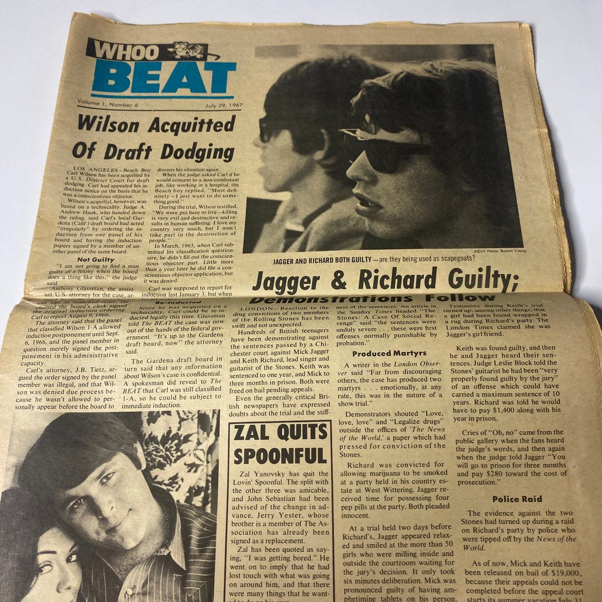 Another inside page of Whoo Beat Tabloid Magazine, discussing Jagger & Richard's draft dodging case with images, from the July 29, 1967 issue.