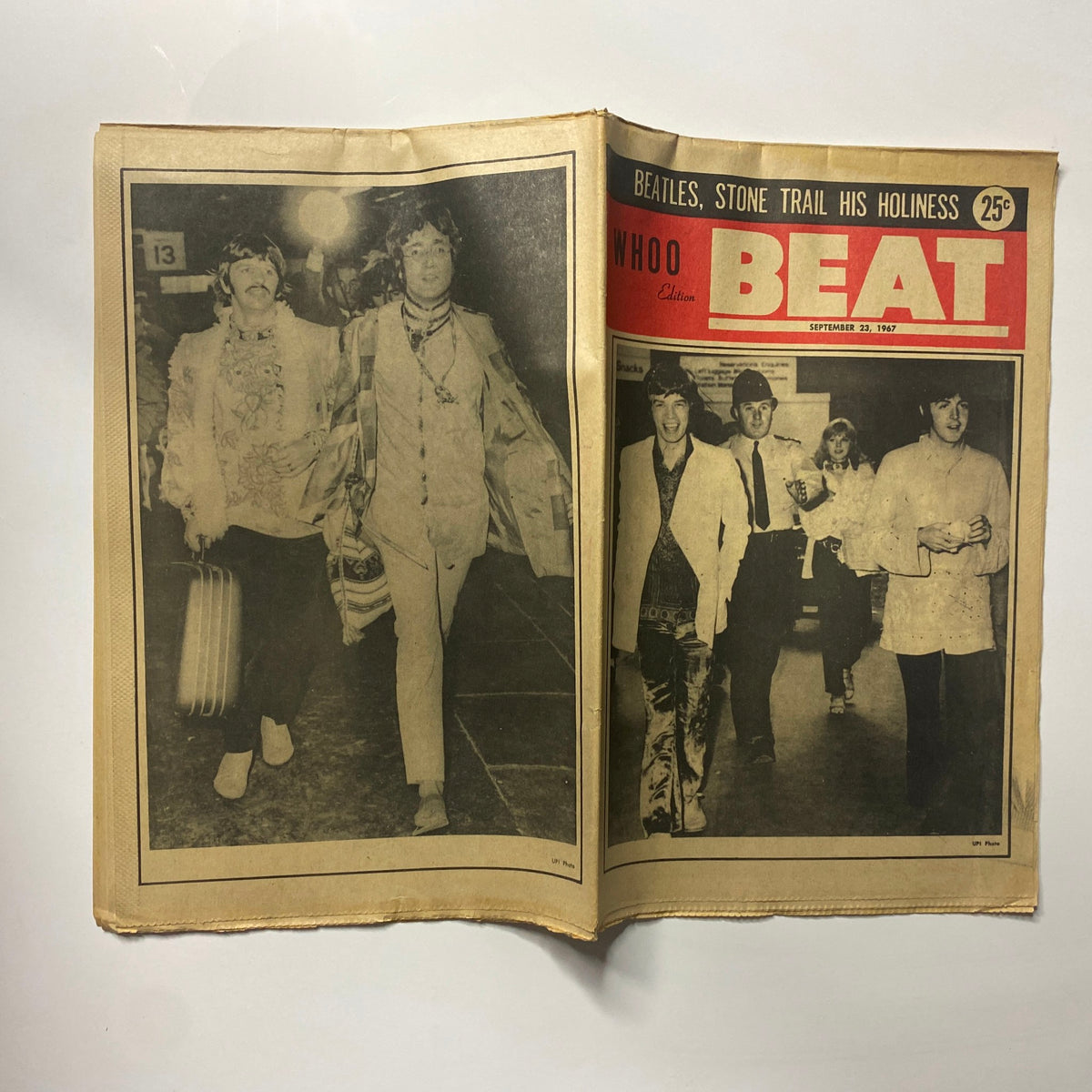 Inside view of Whoo Beat Tabloid Magazine from September 23, 1967 showing The Beatles in stylish attire, capturing the momentous era of rock history following Brian Epstein's passing.