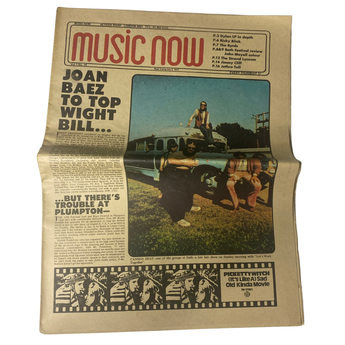 Music Now Tabloid Magazine July 1970 Vol 1 No. 16 cover featuring Joan Baez and coverage of the Plumpton festival challenges.