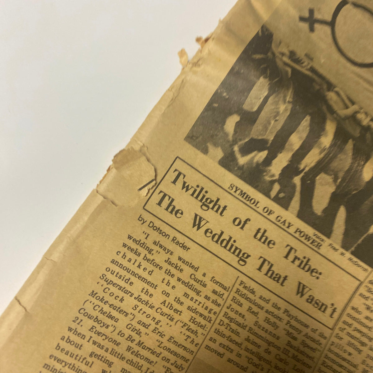 Close-up detail of an article titled 'Twilight of the Tribe: The Wedding That Wasn’t' from The Village Voice July 1969, highlighting content related to political and social issues.