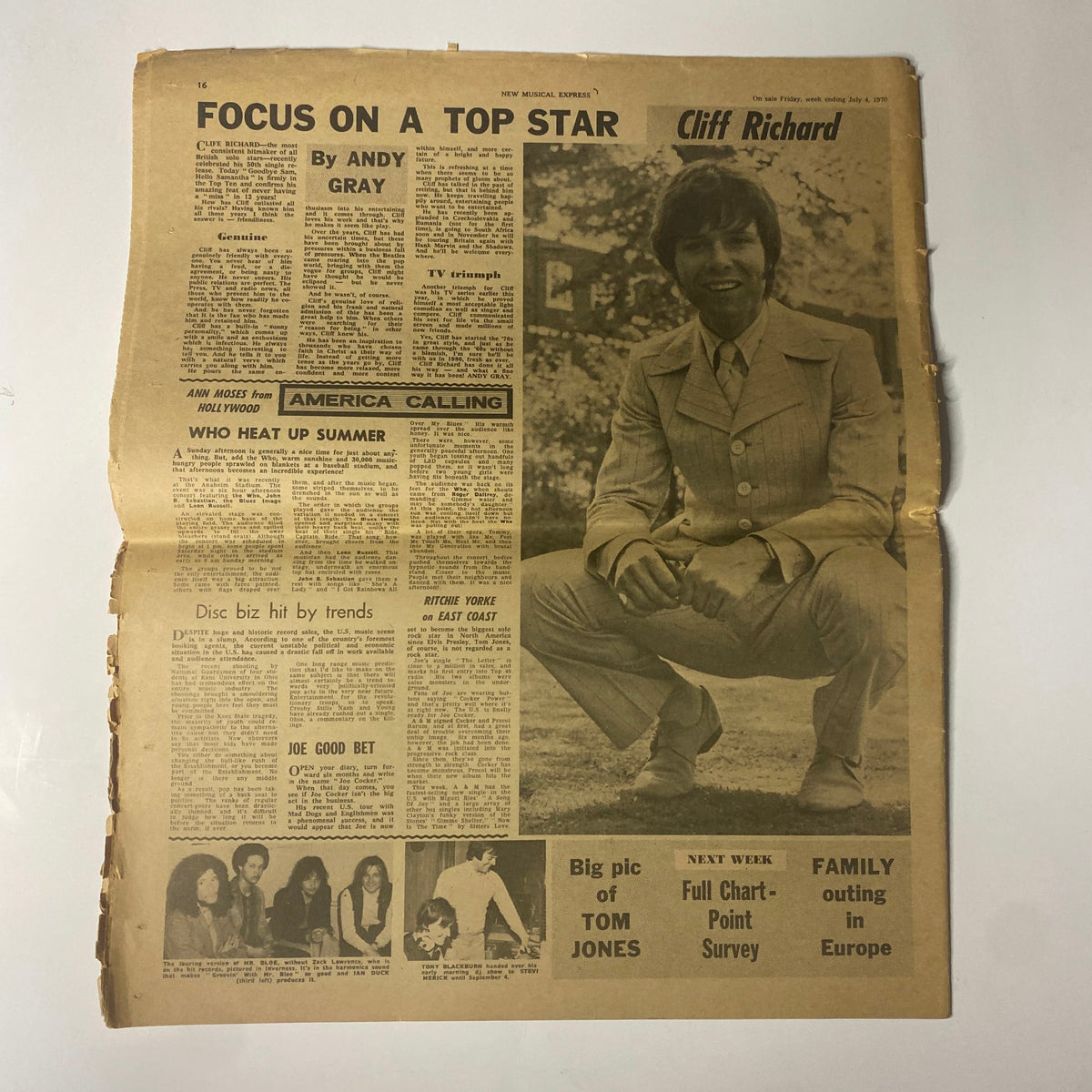 Inside page of New Musical Express Music Paper July 1970 No. 1225 with article 'Focus on a Top Star' by Andy Gray and a feature on Cliff Richard.