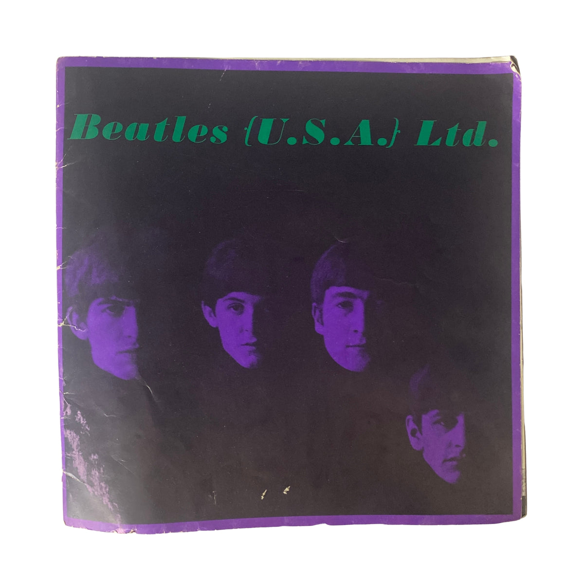 Cover of the 1964 Beatles (U.S.A.) Ltd. Limited Tour Program Book featuring a purple background and images of the band members.