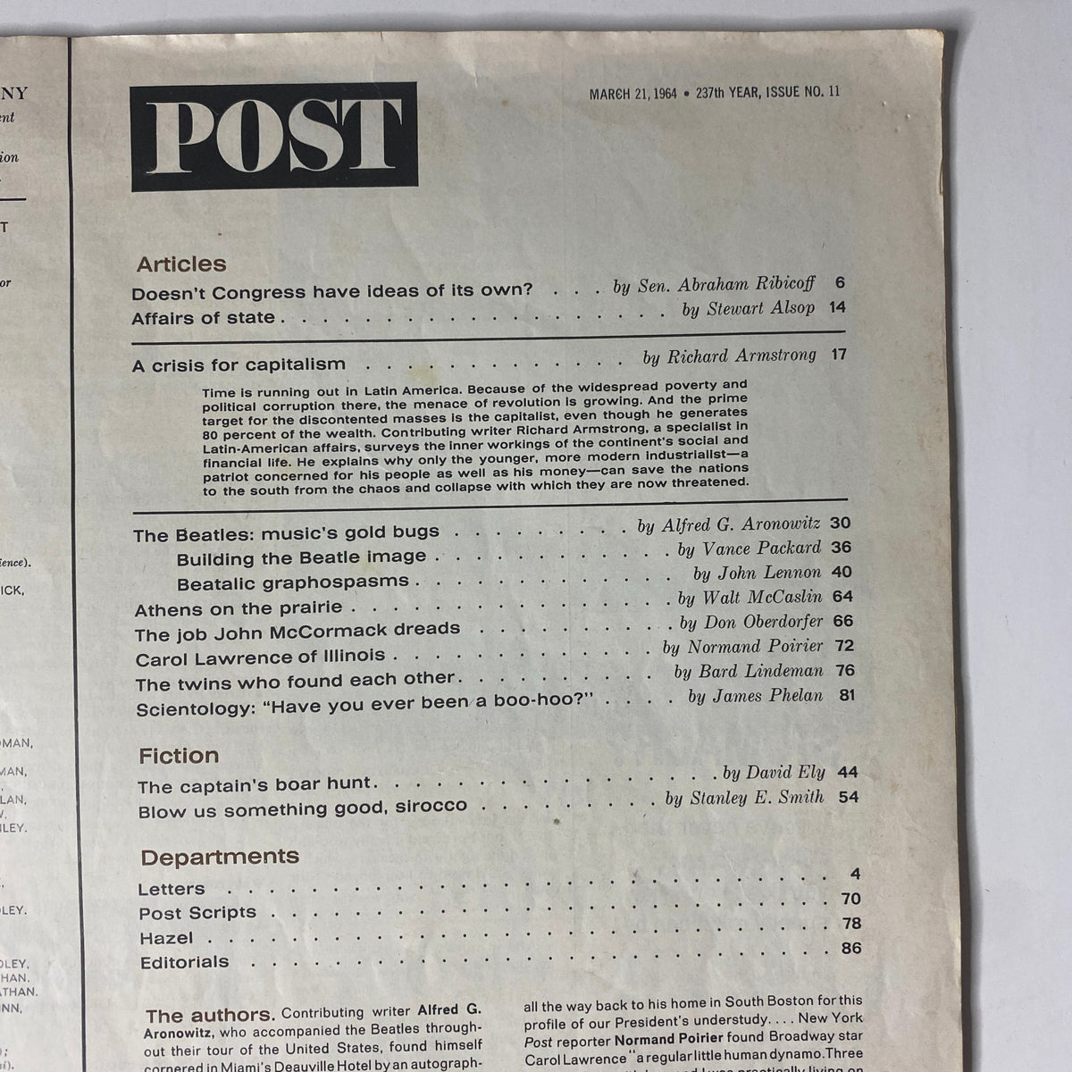 Inside page of The Saturday Evening Post, March 21, 1964, displaying a table of contents with articles including coverage of The Beatles, highlighting their impact on music and culture.