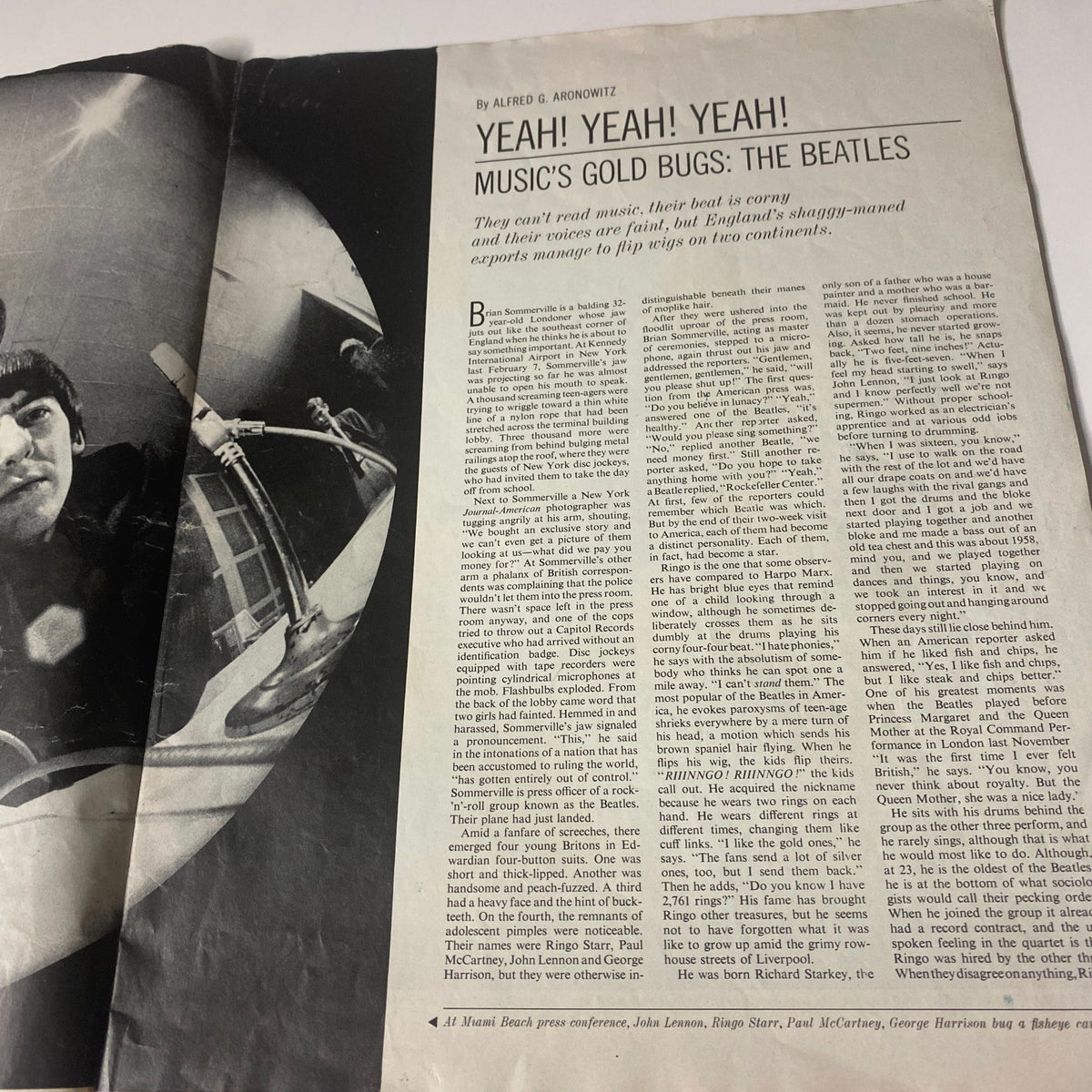 Article titled 'Yeah! Yeah! Yeah! Music's Gold Bugs: The Beatles' from The Saturday Evening Post March 21, 1964 highlighting discussions on the band's influence and popularity.