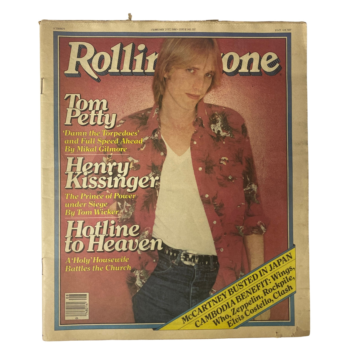 Rolling Stone Magazine February 21, 1980 Cover featuring Tom Petty dressed in a patterned shirt, highlighting articles on prominent subjects including Henry Kissinger and additional music features.