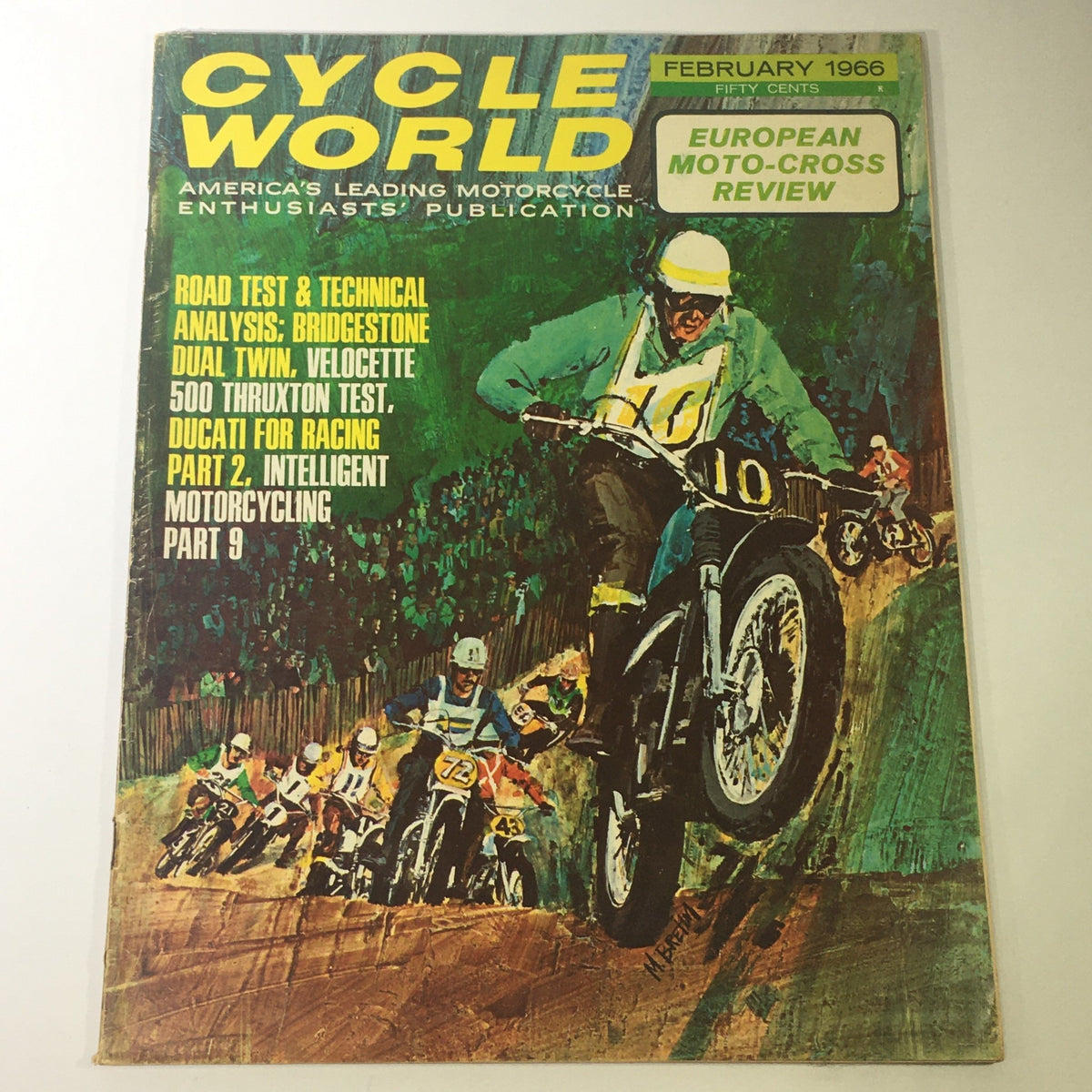 Vintage Cycle World Magazine cover from February 1966 featuring Bridgestone Dual Twin and Velocette 500, highlighting motorcycle racing with artwork of riders and bikes, showcasing technical analysis and reviews for motorcycle enthusiasts.