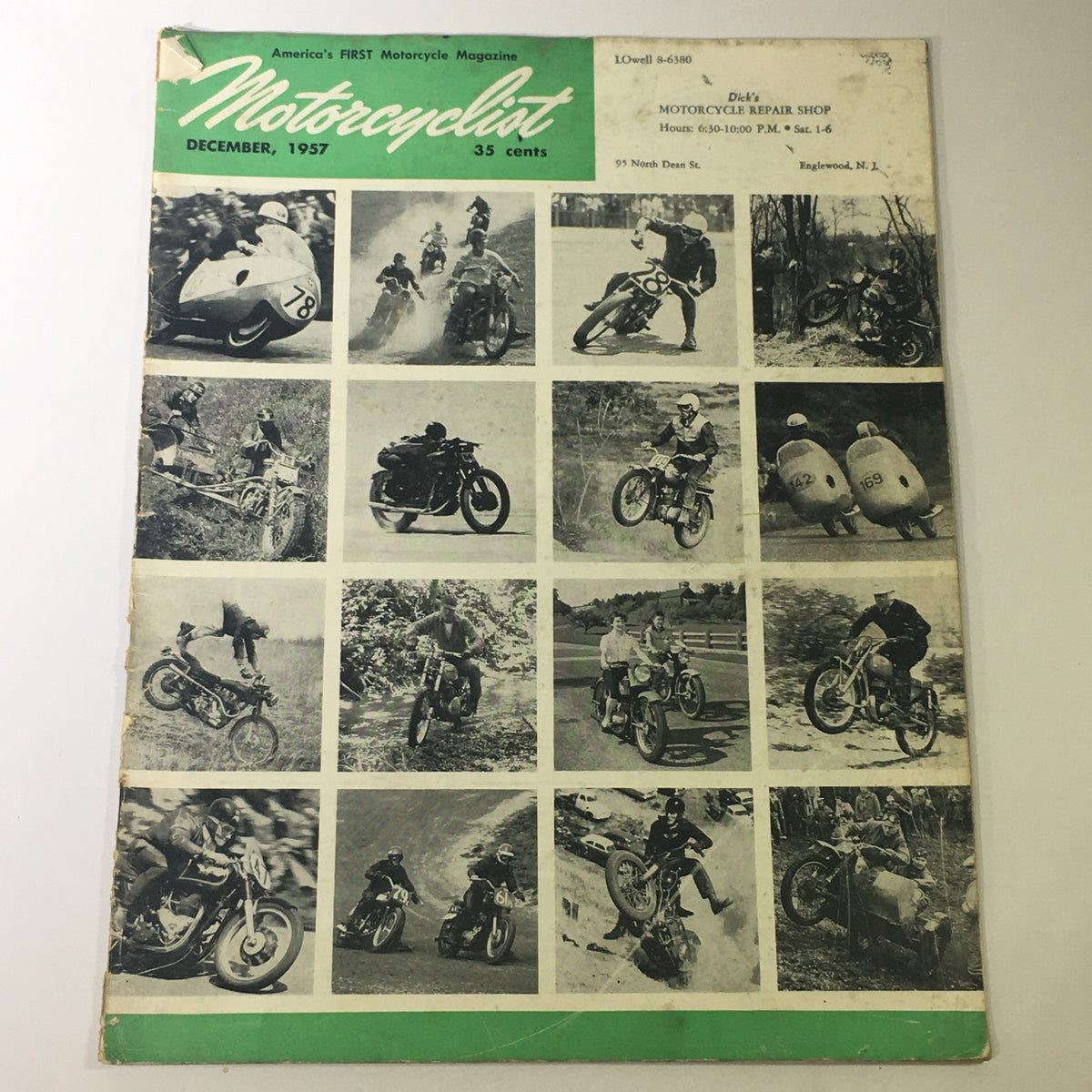 Cover of VTG Motorcylist Magazine from December 1957 featuring various motorcycle images, including racing scenes and motorcycle models, highlighting vintage motorcycle culture.