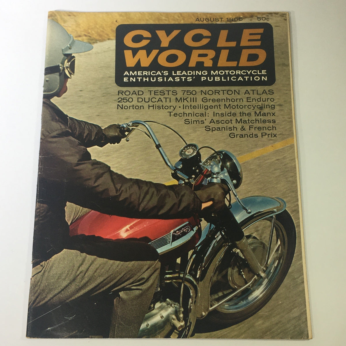 Cycle World Magazine August 1966 cover showcasing motorcycle road tests, featuring a rider on a vintage bike, highlighting the 750 Norton, Atlas 250, and Ducati MKIII.
