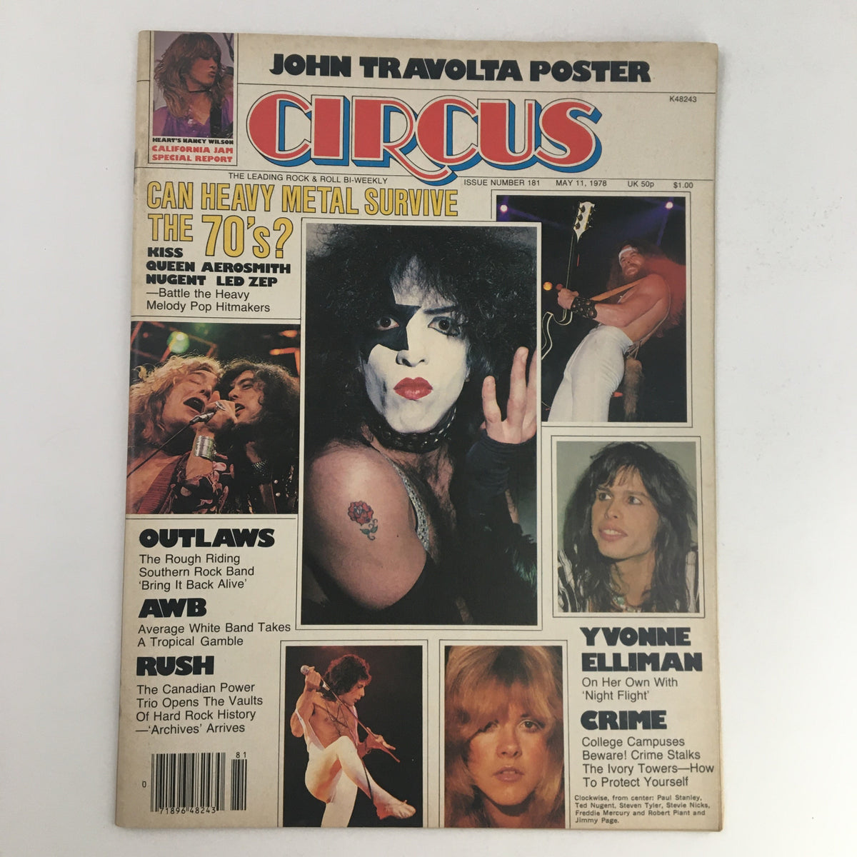 Circus Magazine cover from May 11, 1978 featuring Kiss, Led Zeppelin, Queen, and John Travolta poster, highlighting the music scene of the late 70s.