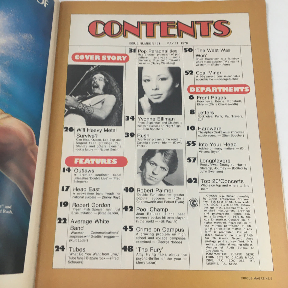 Circus Magazine May 11 1978 contents page featuring sections on heavy metal, pop personalities including Yvonne Elliman, and features on artists like Rush and Robert Palmer.