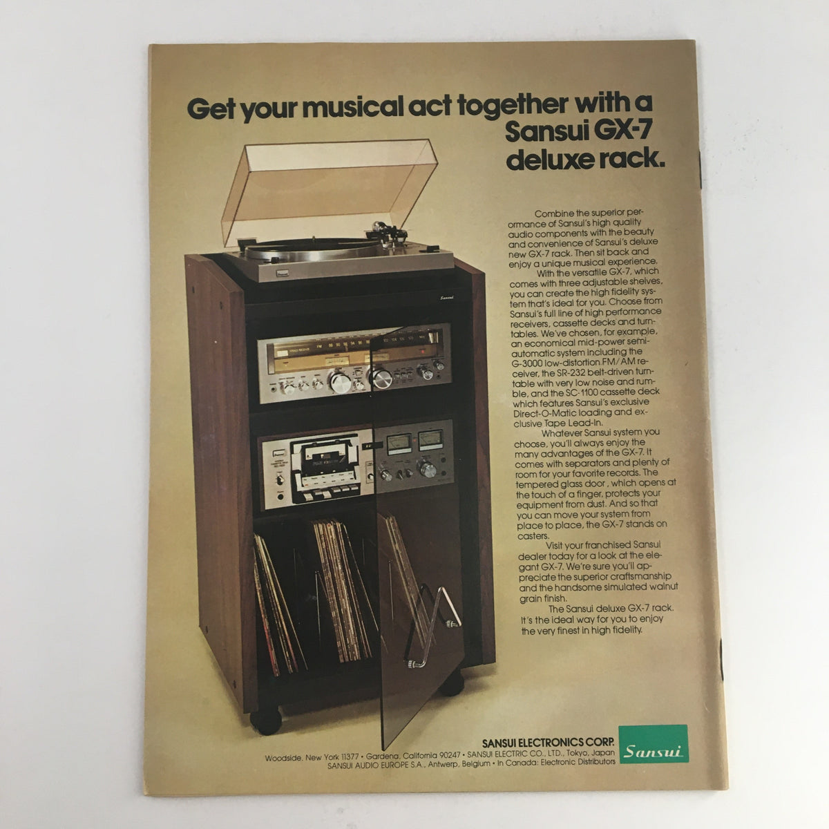 Advertisement for the Sansui GX-7 deluxe rack featured in Circus Magazine May 11 1978, showcasing a high-fidelity audio system with a turntable and cassette decks.