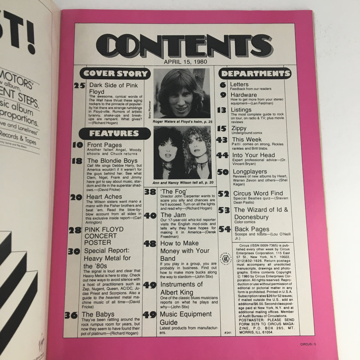 Contents page of Circus Magazine dated April 15, 1980, highlighting features including a cover story on Pink Floyd, articles about Blondie's Boys, Heart, and Ted Nugent.