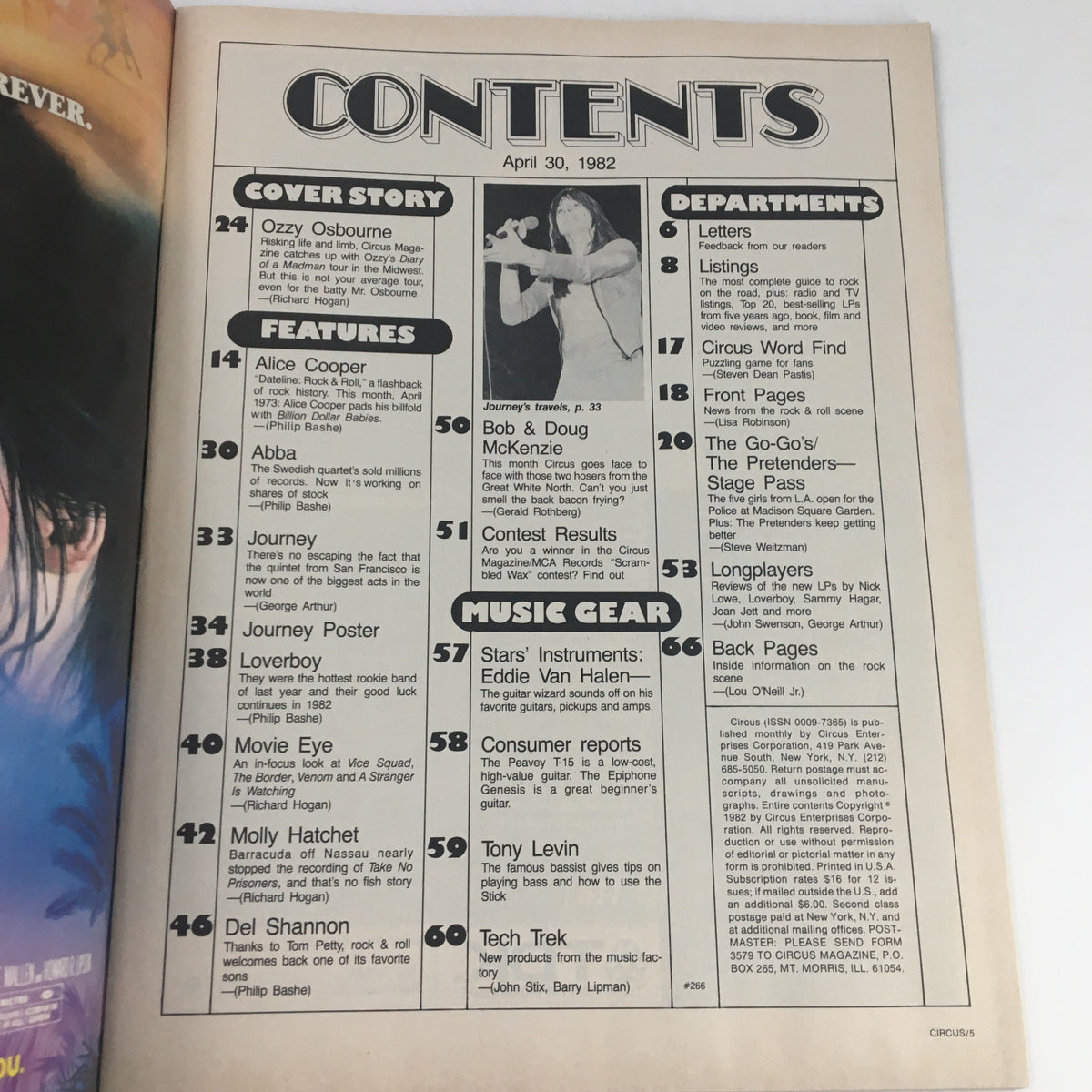 Contents page of Circus Magazine, April 30, 1982, listing articles about Ozzy Osbourne, Alice Cooper, Journey, and more, reflecting the music scene of the era.
