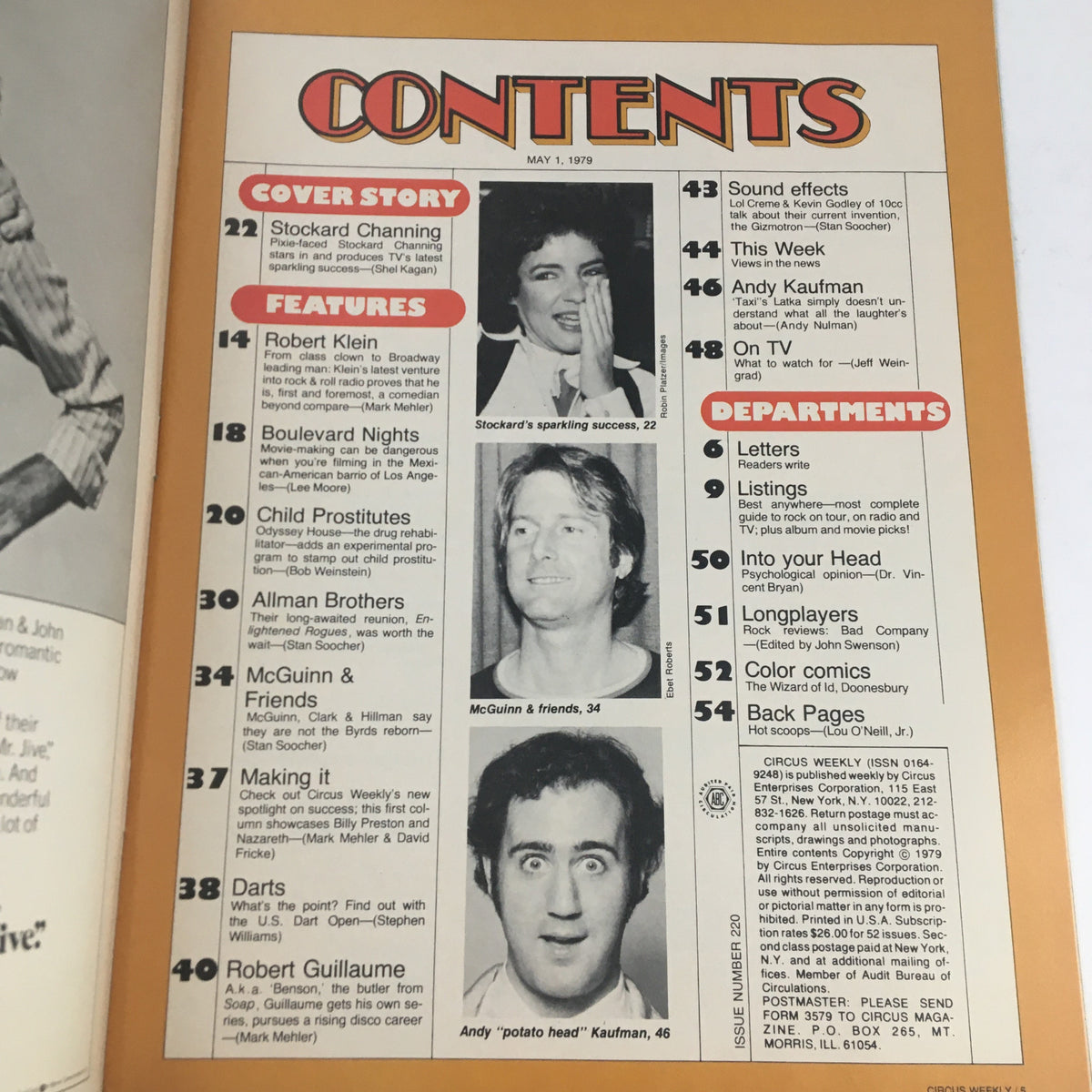 Contents page of Circus Magazine May 1 1979 featuring Stockard Channing on the cover and highlights of featured articles.