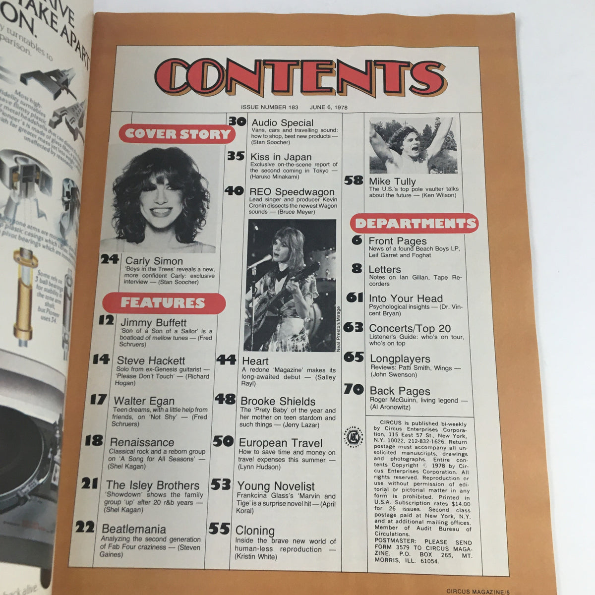 Contents page of Circus Magazine June 8 1978, detailing featured articles including Carly Simon, Kiss in Japan, and other music legends, showcasing the magazine's diverse coverage.