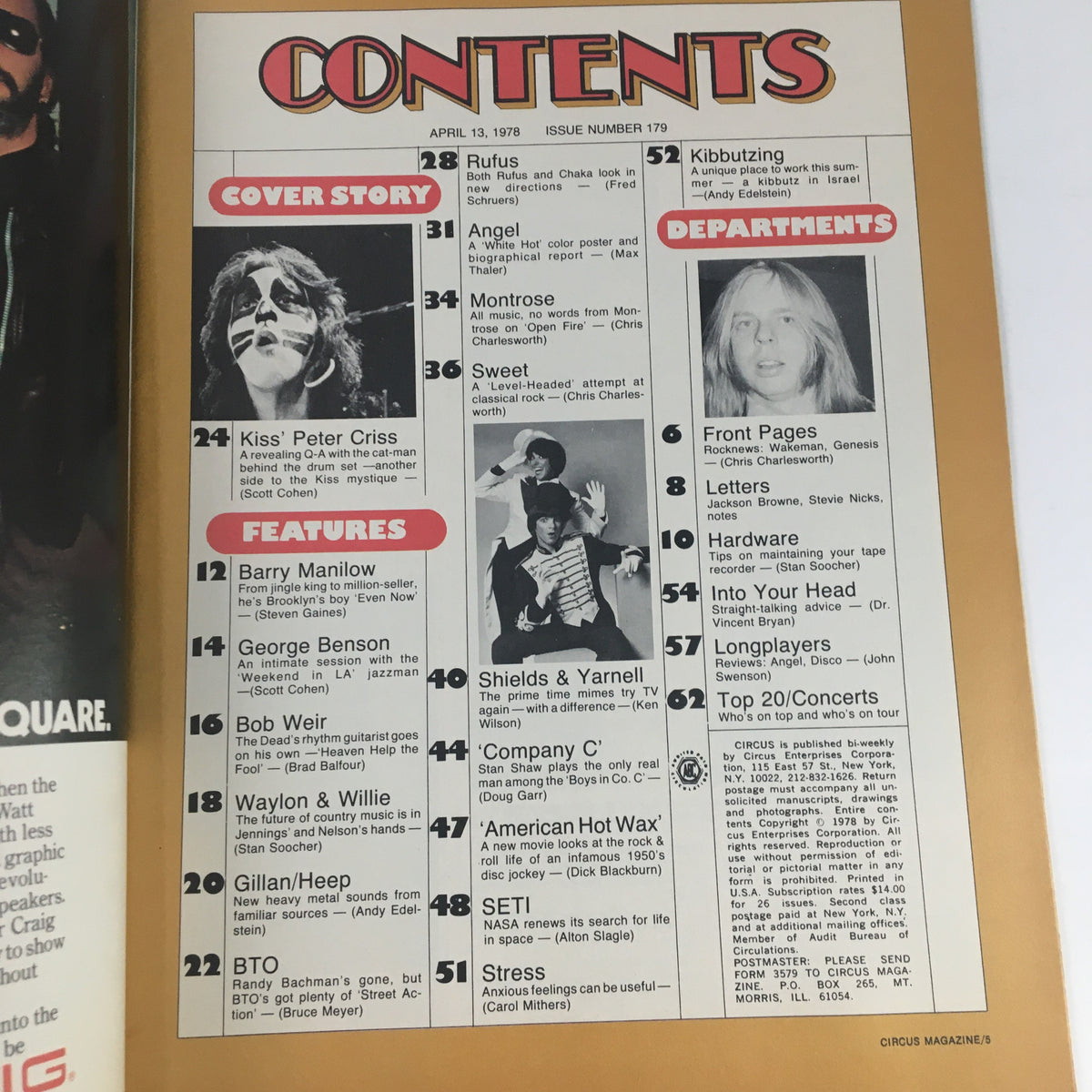 Contents page of Circus Magazine April 13 1978, detailing articles on Kiss, Angel Band, and other music features of the issue.