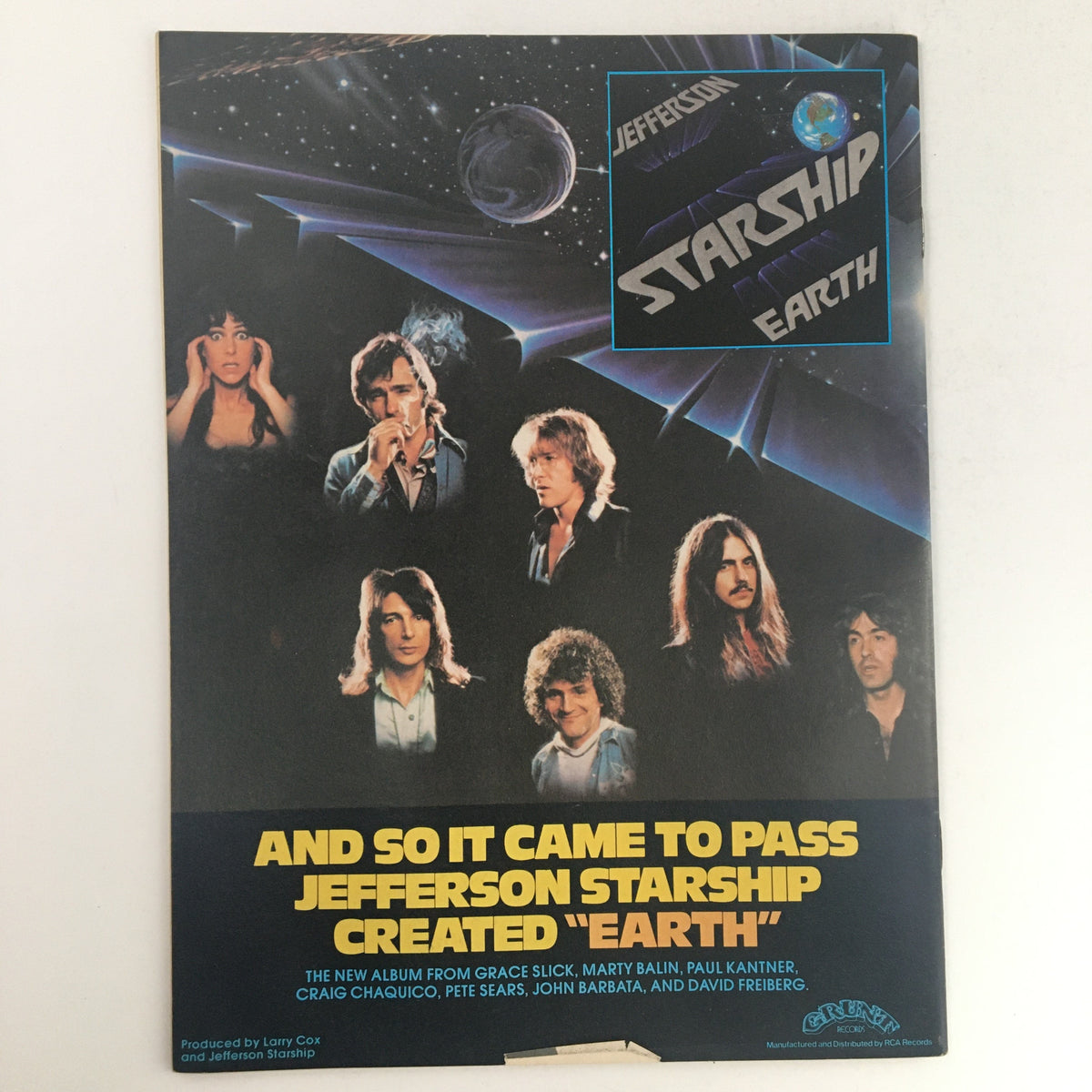 Advertisement for Jefferson Starship from Circus Magazine April 13 1978, promoting their new album 'Earth' with an eye-catching space-themed design.
