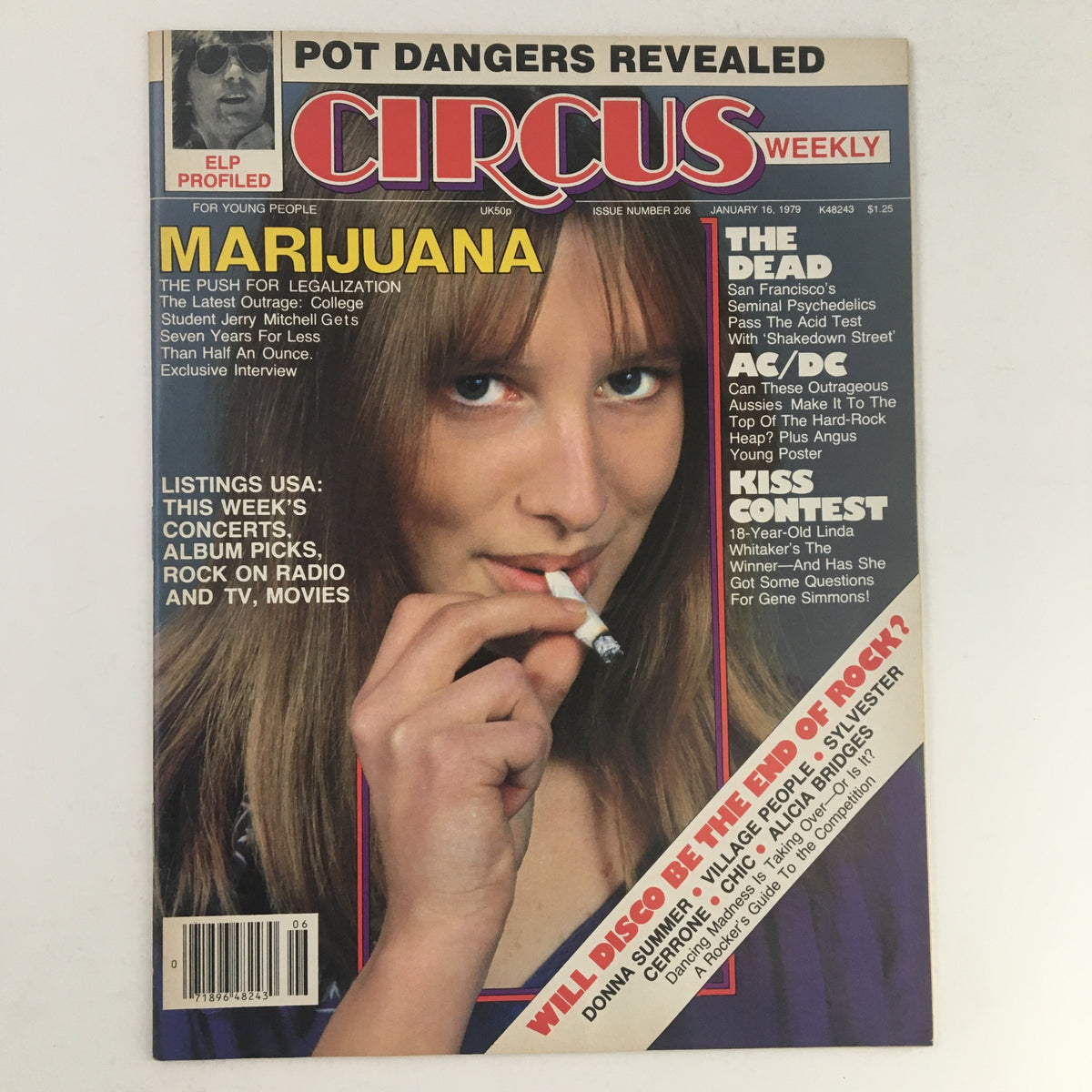 Cover of Circus Magazine dated January 16, 1979 featuring marijuana legalization, AC/DC, and Donna Summer. Includes a striking image of a woman with a cigarette.