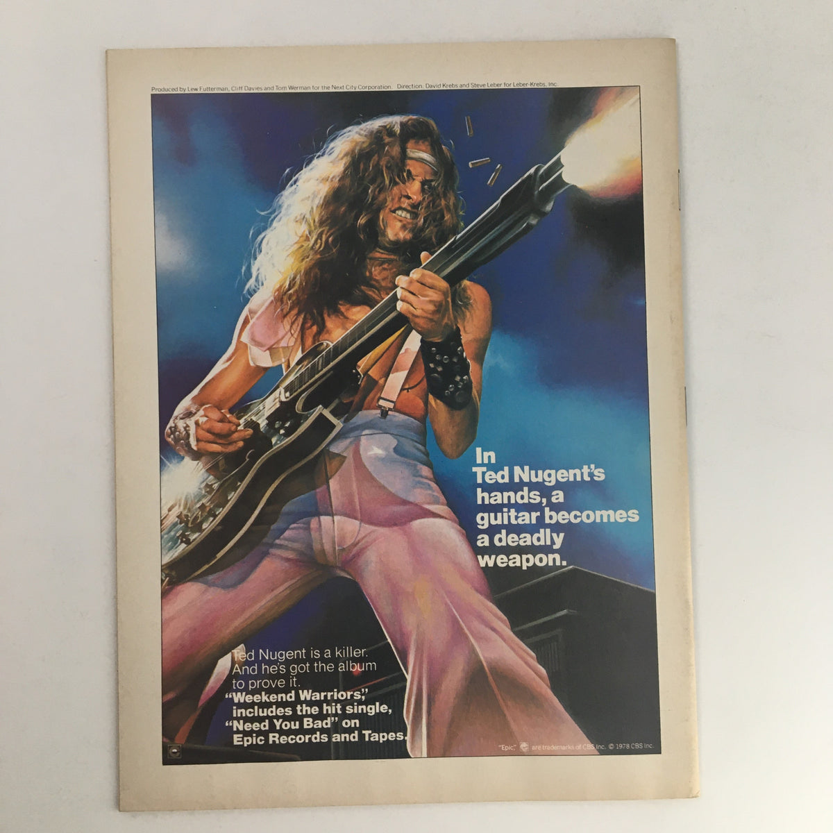 Back cover of Circus Magazine January 16, 1979 featuring an advertisement for Ted Nugent, highlighting his album 'Weekend Warriors'.