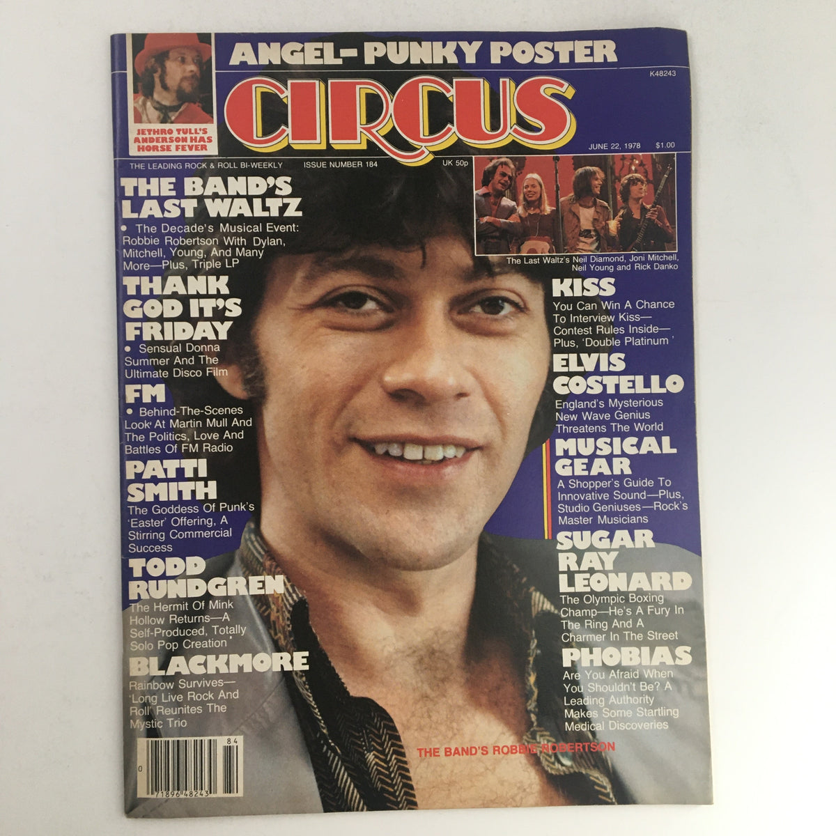 Circus Magazine cover from June 22, 1978, featuring Robbie Robertson with a headline about The Band's Last Waltz, showcasing punk elements and music icons like Patti Smith and Elvis Costello. Perfect for collectors of vintage music memorabilia.