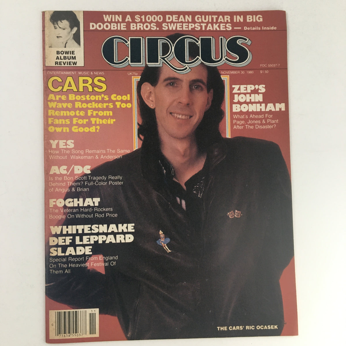 Cover of Circus Magazine dated November 30, 1980, featuring Ric Ocasek of The Cars, along with highlights about AC/DC and articles on rock music culture.