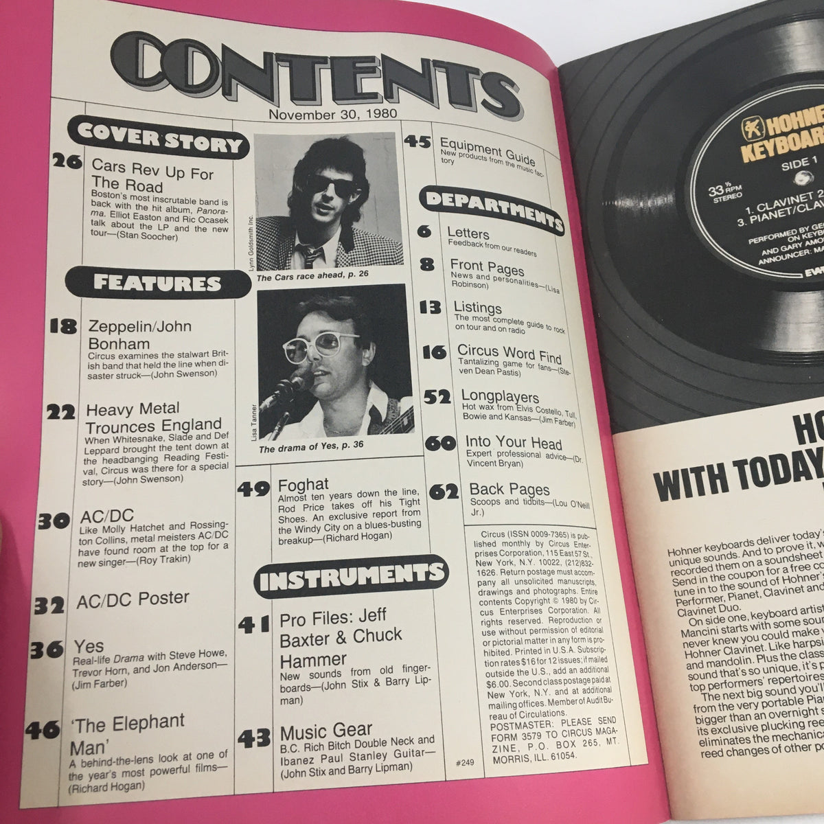Contents page of Circus Magazine from November 30 1980, featuring articles on Ric Ocasek, AC/DC, and more.