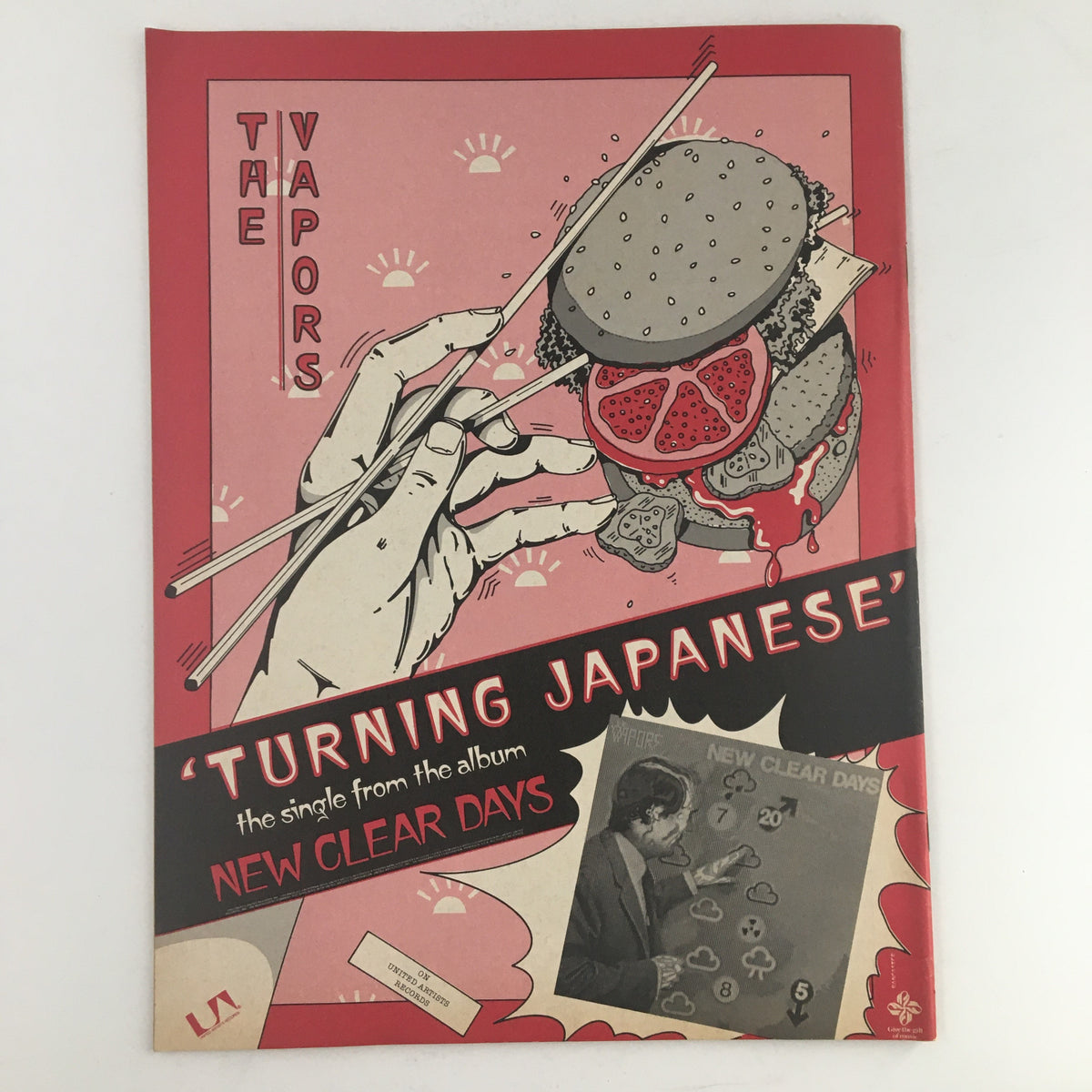 Cover of The Vapors' single 'Turning Japanese' from the album New Clear Days, illustrated with vibrant graphics.
