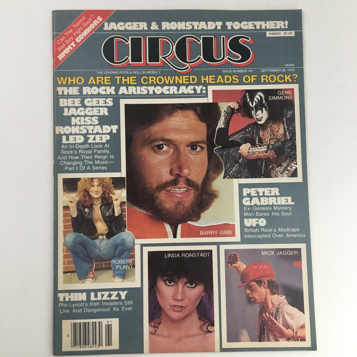 Cover of Circus Magazine September 28, 1978 featuring Barry Gibb, Mick Jagger, and Linda Ronstadt, highlighting 'Who Are the Crowned Heads of Rock?' with images of Robert Plant and Gene Simmons.
